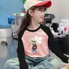 Camiseta Manga Longa Color Block Gola Redonda para Meninas Infantil De Rong Estilosa Base Aconchegante para Outono/Inverno Top Versátil
