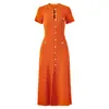 Moda Femenina Transfronteriza Elegante Vestido de Punto S Marca Cuello Redondo Manga Corta Calado Vestido Largo Vestido de Punto de Canalé de un Solo Botón