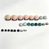 24 pontas de unha do pé estilo francês, curtas, quadradas, azul gelo com bordas pretas, adornos metálicos em formato de estrela e adesivos de unha para fácil aplicação