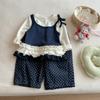 Traje de Estilo Dulce y Cool para Niñas Otoño 2025 Nuevo Estilo para Niños Encaje Top Falso de Dos Piezas Pantalones de Pierna Ancha con Lunares