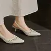 Elegantes Sandalias Cerradas Estilo Coreano para Mujer, Nuevas Sandalias de Tacón Alto de Aguja Tejidas Huecas de Cuero Genuino, Sandalias Blancas Puras sin Talón