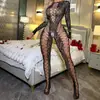 Lencería Erótica Negra Tachonada con Pedrería y Diamantes, Estilo Europeo y Americano, Body de Malla Rasgada de Manga Larga, Conjunto de una Pieza Ajustado con Aberturas Tz850