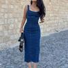 Vestido de Mezclilla Cuadrado Retro de Moda para Mujer, Verano Ajustado, Elegante Tirantes Finos, Abertura, Vestido Midi Bodycon