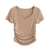 Estilo europeu e americano Hot Girl Heart Collar Double-layer plissado Slim-fit Collarbone Emagrecimento Top Verão Feminino Nova T-shirt de manga curta