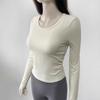 Ropa de Yoga Otoñal Acanalada Yoga Desnudo Top Deportivo de Cuello Redondo Ajustado con Pliegues para Mujer Fitness Manga Larga con Cubre Dedos