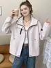 Chaqueta corta con capucha para mujer, estilo coreano de otoño, corte holgado para figuras petite, chaqueta de trabajo casual con cremallera, ropa para mujer