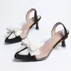 Sandalias de Tacón Alto con Punta, Zapatos de Tacón Alto sin Espalda y Punta Cerrada, Venta al por Mayor Transfronteriza, Sandalias Elegantes de Tacón Alto con Punta y Lazo de Perlas