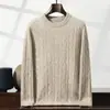Novo Suéter de Cashmere de Três Fios e Cinco Agulhas para Outono e Inverno Masculino, Padrão Torcido Espesso, Cor Sólida Versátil, Gola Redonda, Suéter Casual de Luxo Leve