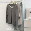 Camisa Base de Punto de Manga Larga Falsa de Dos Piezas para Mujer Primavera y Otoño 2024 Cuello en V Adelgazante Holgada Ropa de Baile Ropa de Práctica de Yoga