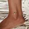 Tornozeleira de Aço Titânio Camada Dupla Banhada a PVD Coração de Amor para Mulheres com Pequenas Contas Ovais Douradas 18K Versátil Não Desbota Corrente de Praia para Tornozelo Feminino