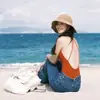 Traje de baño de una pieza, Femenino Escote en V Profundo Espalda Descubierta, Ropa de Playa Estilo Europeo y Americano para Vacaciones, Efecto Adelgazante en la Cintura, Traje de Baño de Playa de Color Sólido para Niña