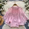 Cardigã Rosa Suave Estilo Francês com Gola Alta e Ajuste na Cintura para Mulheres, Top Elegante Soltinho de Manga Curta Estilo Coreano para o Verão para o Trabalho