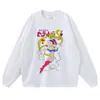 Camiseta Holgada Oversize Floral de Manga Corta con Estampado de Anime Japonés, Cuello Redondo, Mangas Largas