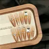 Arte de Unhas Longas com Temperamento de Desejo Puro e Atmosfera Sofisticada em Cor Café, Destaque Olho de Gato, Adesivos de Unhas com Strass Brilhante