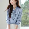 Camisa Azul com Laço Design Feminino Senso Profissional Temperamento Camisa Top de Cetim Amarração
