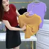 Blusa de Tricô de Seda Gelo Fina de Verão para Mulheres, Manga Meia-Manga, Camiseta Elegante, Ajuste Slim, Rejuvenescedora, Blusa Vermelha de Manga Curta, Fina