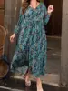 2026 Nuevo Vestido Largo Retro Floral Transfronterizo para Mujer, Tallas Grandes, Ceñido a la Cintura, Holgado, Manga Larga, Casual