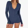 Amazon 2025 Otoño Nuevo Europeo y Americano Mono Ajustado para Mujer Casual Botones Algodón Top Manga Larga Cuello en V