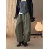 Louvre Primavera Novo Estilo Japonês Retrô Workwear Calças Casuais Retas com Cordão Elástico Bolso de Algodão Calças Cropped para Mulheres