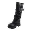 Botas Femininas 2026 Outono/Inverno Novo Estilo Salto Alto 6CM Solado Grosso Preto Fivela de Motocicleta Botas Afuniladas para Calça Botas de Moda