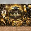 Banner de telón de fondo para fiesta de graduación transfronteriza, telón de fondo negro y dorado "Felicitaciones por la Graduación", fondo de decoración para ceremonia de graduación