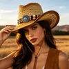 Sombrero de Paja Europeo y Americano para Exteriores Transfronterizo, Sombrero Retro Calado, Sombrero de Vaquero Occidental de Ala Ancha para Mujer, Sombrero de Playa para Protección Solar