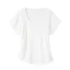 Camiseta versátil de manga corta estilo francés con pliegues, corte ajustado, de lino Tencel para mujer, con dobladillo irregular y abertura, top de verano