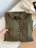 Camisa de manga larga Tencel color verde oliva atmosférico para mujer, con cuello de solapa, un bolsillo, corte holgado, caída fluida, ligera, camisa de verano con protección solar