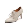 2025 Novos Sapatos de Salto Grosso de Boca Profunda Camada Única Femininos Salto Alto Cadarço Couro Genuíno Estilo Britânico Sapatos de Couro Bico Fino Mocassins de Salto Médio