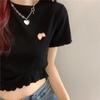 Cropped Doce e Picante para Estudantes, Novo Verão 2026 Manga Curta Bordado Barra com Babados Slim Fit Camiseta para Mulheres