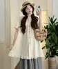 Conjunto de Dos Piezas para Mujeres Embarazadas, Camisa Suelta de Manga Corta de Algodón y Lino Estilo Japonés Vintage con Falda a Cuadros