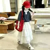 Novo Conjunto de Roupas de Outono para Meninas, Novo Conjunto de Duas Peças com Moletom de Manga Longa Listrado com Gola Polo Estilo College e Saia