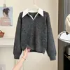 Suéter macio de manga longa para outono e inverno para mulheres, corte solto, tricotado, grosso, com cor contrastante e gola brilhante