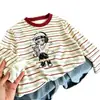 Camiseta de manga larga a rayas de retazos de algodón puro para niños, nuevo estilo primavera y otoño, camiseta básica elegante y holgada para niños