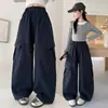 Calça cargo estilo coreano para meninas 2026 nova outono cintura elástica casual bolso grande perna reta larga
