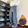Jeans de pierna ancha para hombre, corte recto holgado, estilo retro americano, cintura elástica, pantalones largos casuales de trabajo, duraderos y con forro polar