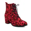 Botas de Cuero de Comercio Exterior Estilo Europeo y Americano Botas Gruesas Bajas de Gamuza con Cordones Botas de Tacón Alto Botas Cortas Botas Martin Estampado de Leopardo Rojo para Mujer