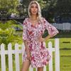 Amazon Estación Independiente Comercio Exterior Transfronterizo Falda Corta Europea y Americana Retro para Mujer Estampado Manga Acampanada Cuello en V Vestido Francés