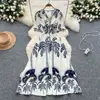 Vestido Retrô Francês Decote V Manga Curta Estampado para Mulheres Verão Estilo Boêmio Resort Cintura Alta Slim Saia Longa