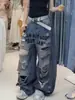Jeans rotos de letras retro americanos para mujer, nuevos de verano de cintura alta holgados de pierna ancha casuales largos hasta el suelo finos