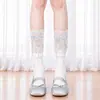 Meias de renda Lolita com cano alto para primavera e outono com fita de laço meias de cano alto estilo ballet branco meias de cano médio jk