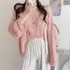 Cardigan de tricô vazado estilo coreano com proteção solar para mulheres, puro e atraente, suéter fino de manga longa ombro a ombro em branco