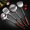 Conjunto de Espátulas de Aço Inoxidável com Cabo de Madeira Antiderrapante, Espátula para Fritar, Colher de Cozinha, Escumadeira com Cabo de Madeira, Espátula para Fritar, 304 Resistente a Altas Temperaturas