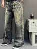 Jeans de Mezclilla con Estampado de Cadena Estilo Americano de Marca de Moda para Hombre, Verano Vintage Lavados Casuales de Pierna Recta Moda de Calle Pantalones Curvos