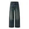 Calça jeans reta masculina estilo retrô americano, lavagem desgastada, design de moda de rua com pregas, calça dad wide leg