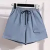 Foto Real de Shorts Jeans Feminino de Verão com Cordão, Cintura Alta, Emagrecedor, Finos, Calças Largas Retas Soltas, Tamanho Grande, Algodão, Comprimento de Cinco Pontos
