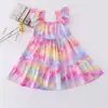 Novo vestido de retalhos de algodão e seda para crianças mais velhas com mangas bufantes, vestido regata, roupa de apresentação infantil, saia longa para meninas