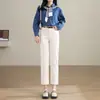 Jeans Rectos Gruesos Forrados de Polar de Cintura Alta para Mujer Otoño e Invierno Sueltos Adelgazantes Forrados Tubo Ahumado Pantalones Exteriores Ajustados