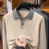 Camisa tipo polo casual de manga larga para hombres de mediana edad con cuello camisero, adecuada para primavera y otoño, hecha con seda de morera y lana de oveja
