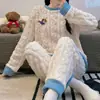 Fábrica fuente pijama nuevo de manga larga de forro polar coral para mujer otoño e invierno franela gruesa invierno conjunto para estar en casa